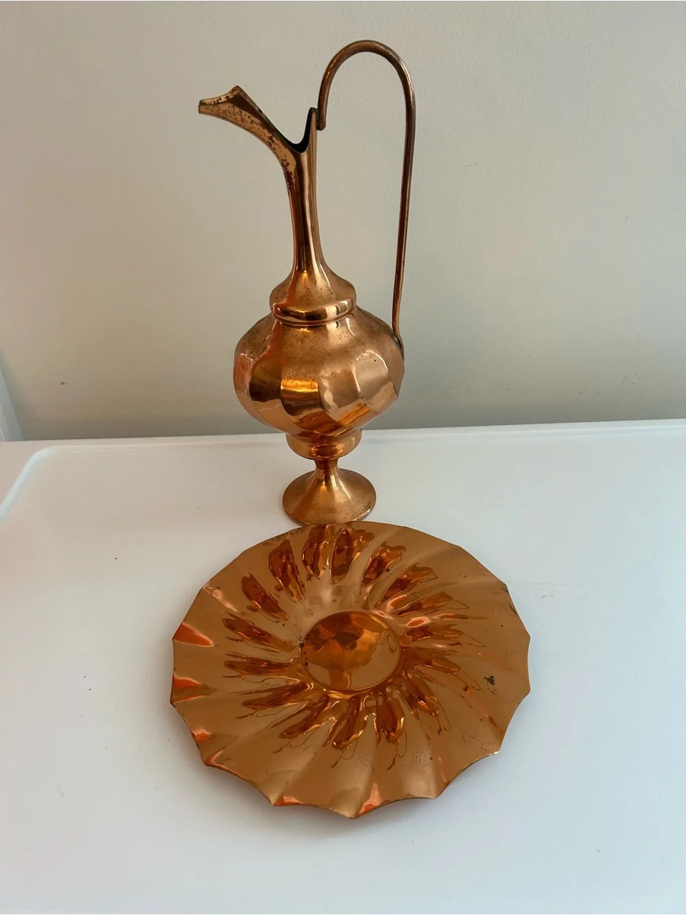 Vintage Necmittin Gaziantep Turkish Copper Ewer and Tray Set